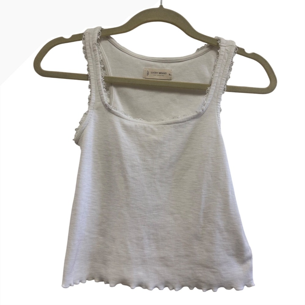 Lucky Brand White Ribbed Lace Trim Tank Top Lettuce Hem XS